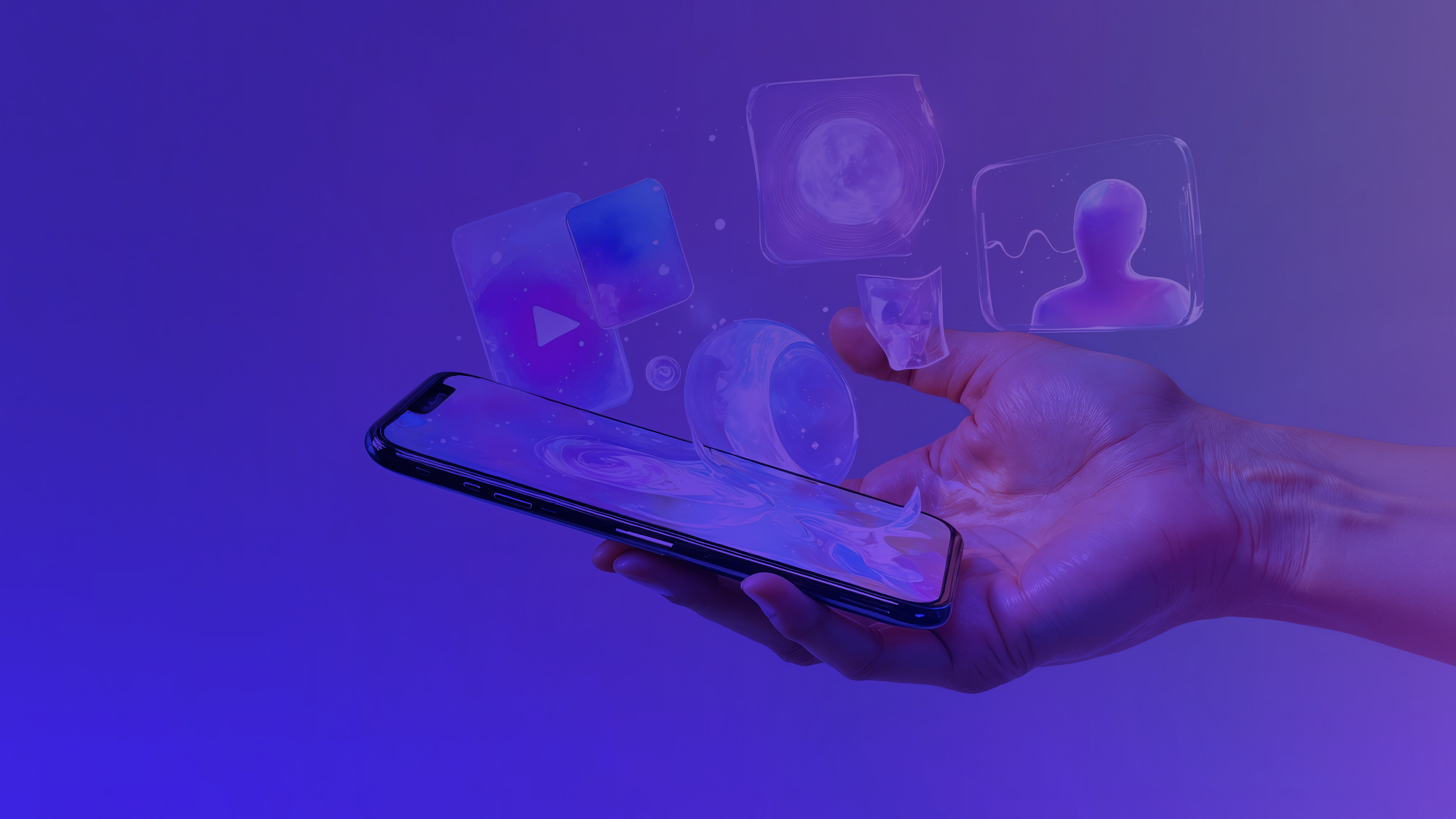 Social media and digital marketing icons from phone held in hand. Future digital marketing trends